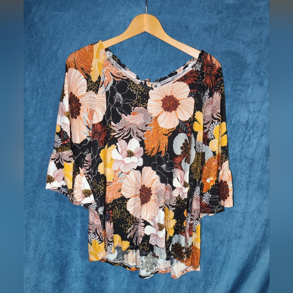 Bobeau Floral Women's Blouse - Black, Orange, Yellow